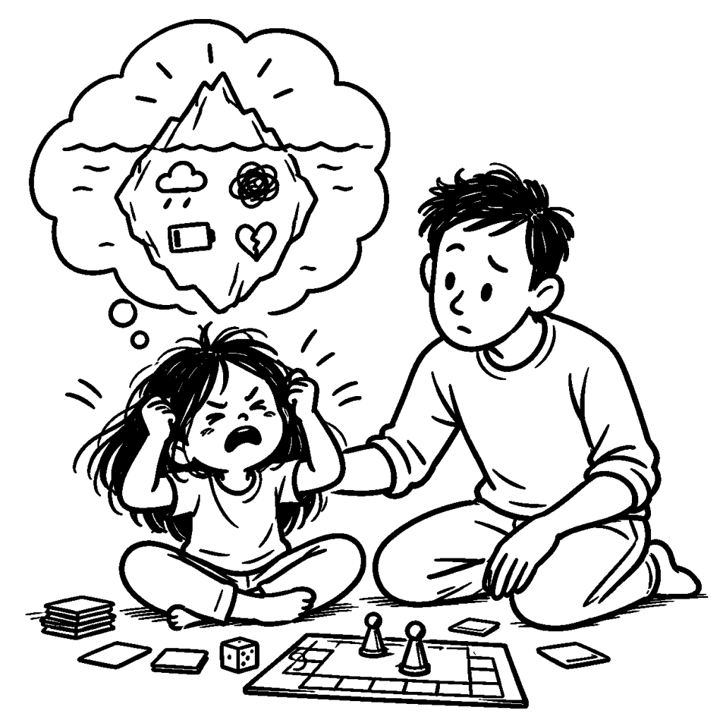 Black-and-white doodle of a crying child beside a board game and a concerned parent, with an iceberg-shaped thought bubble representing possible feelings beneath the reaction.