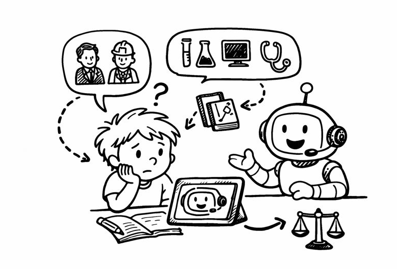 A young person checking an AI suggestion against evidence and real experience