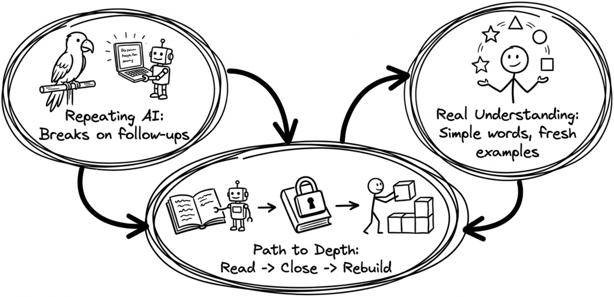 A five-step learning loop between AI, the child’s explanation and a follow-up question