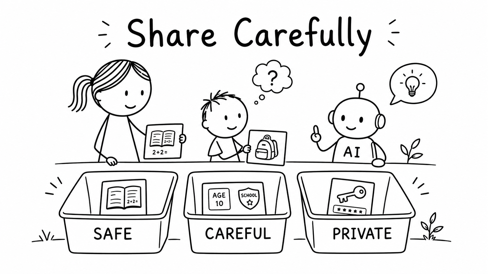 Black-and-white hand-drawn illustration of a family sorting information into safe, careful and private categories before sharing it with AI.