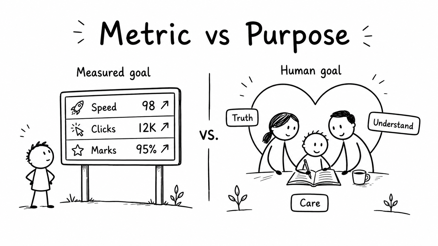 Black-and-white hand-drawn comparison of measured goals such as speed, clicks and marks with human goals such as truth, understanding and care.