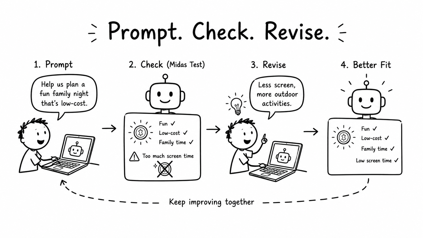 Black-and-white hand-drawn process showing a child prompting AI, checking the response, revising the request and receiving a better result.