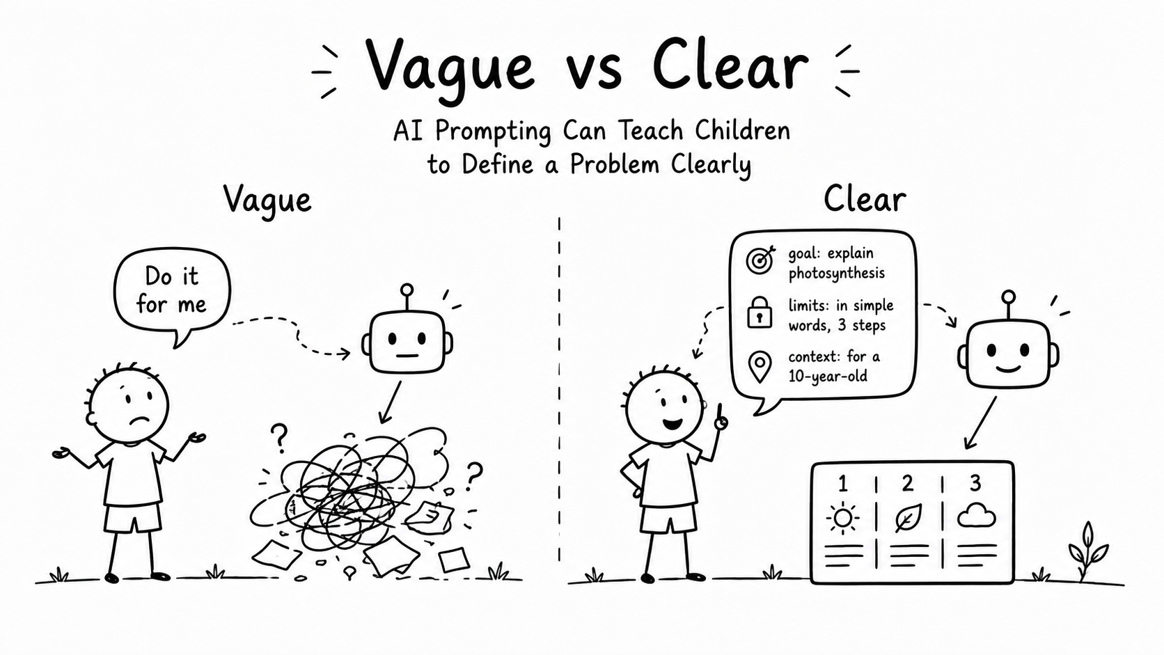 Black-and-white hand-drawn comparison of a vague AI request with a clearer request that includes specific details.