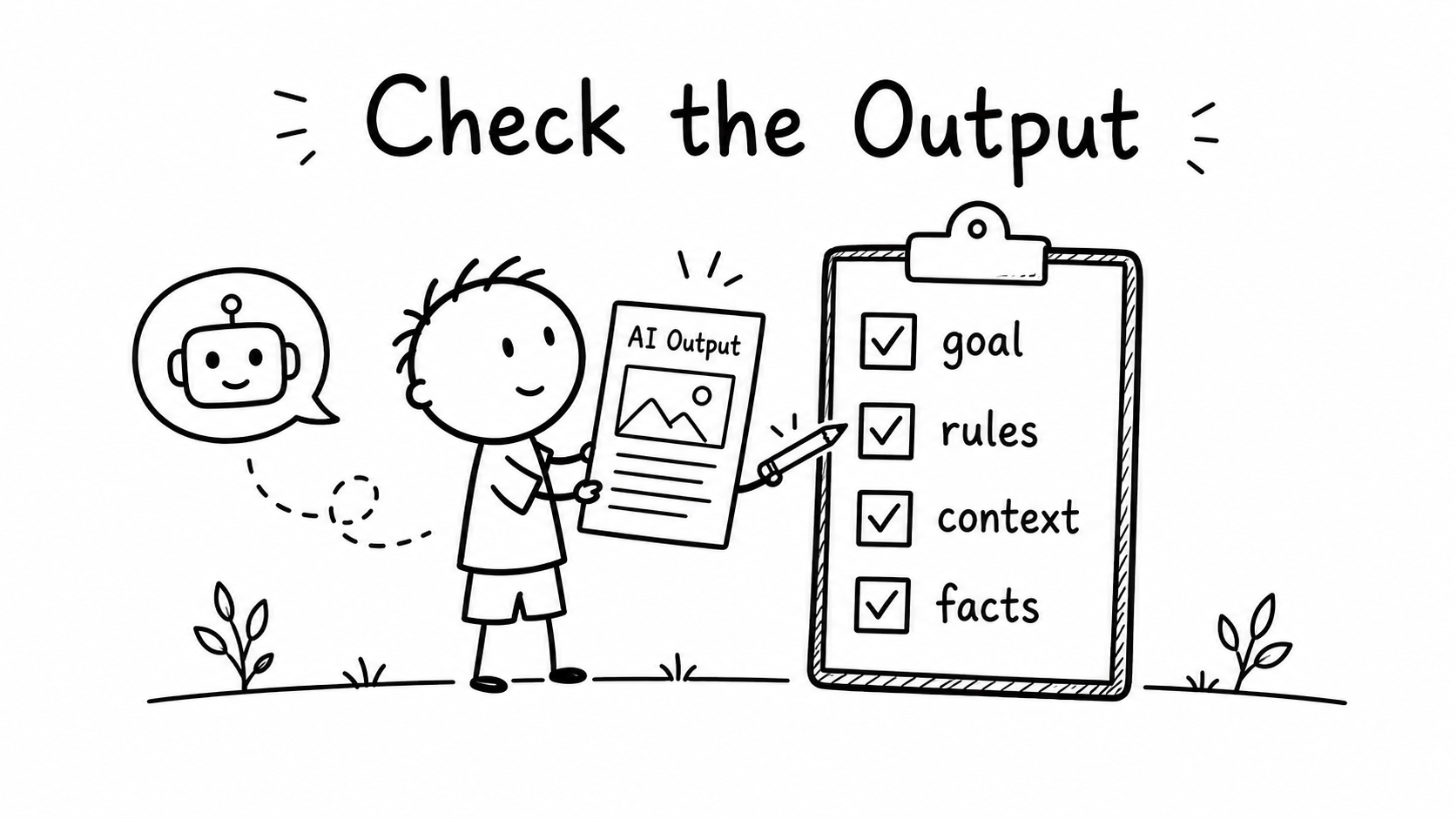 Black-and-white hand-drawn illustration of a child checking an AI response against a list of requirements.