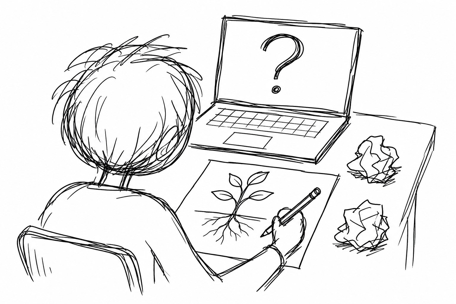 A child draws a plant while AI responds with a question instead of supplying the finished answer