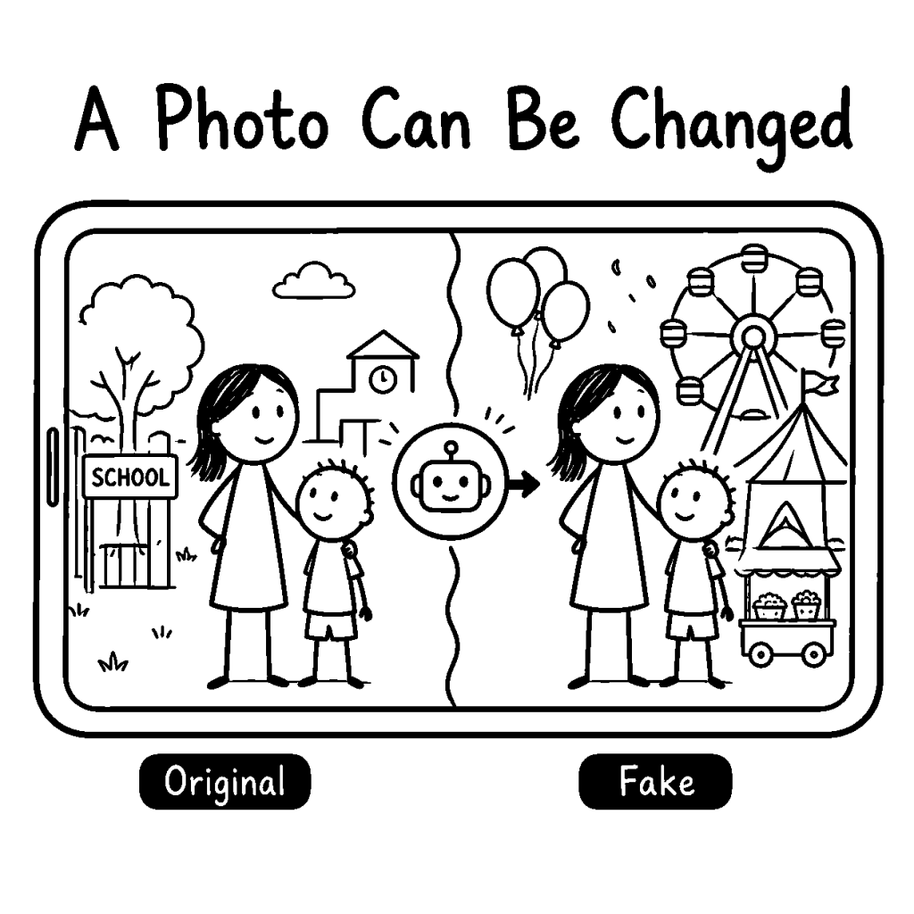 Black-and-white hand-drawn stick-figure illustration showing the same parent and child photo changed from a school setting to an amusement park, with an AI icon between the original and fake versions.