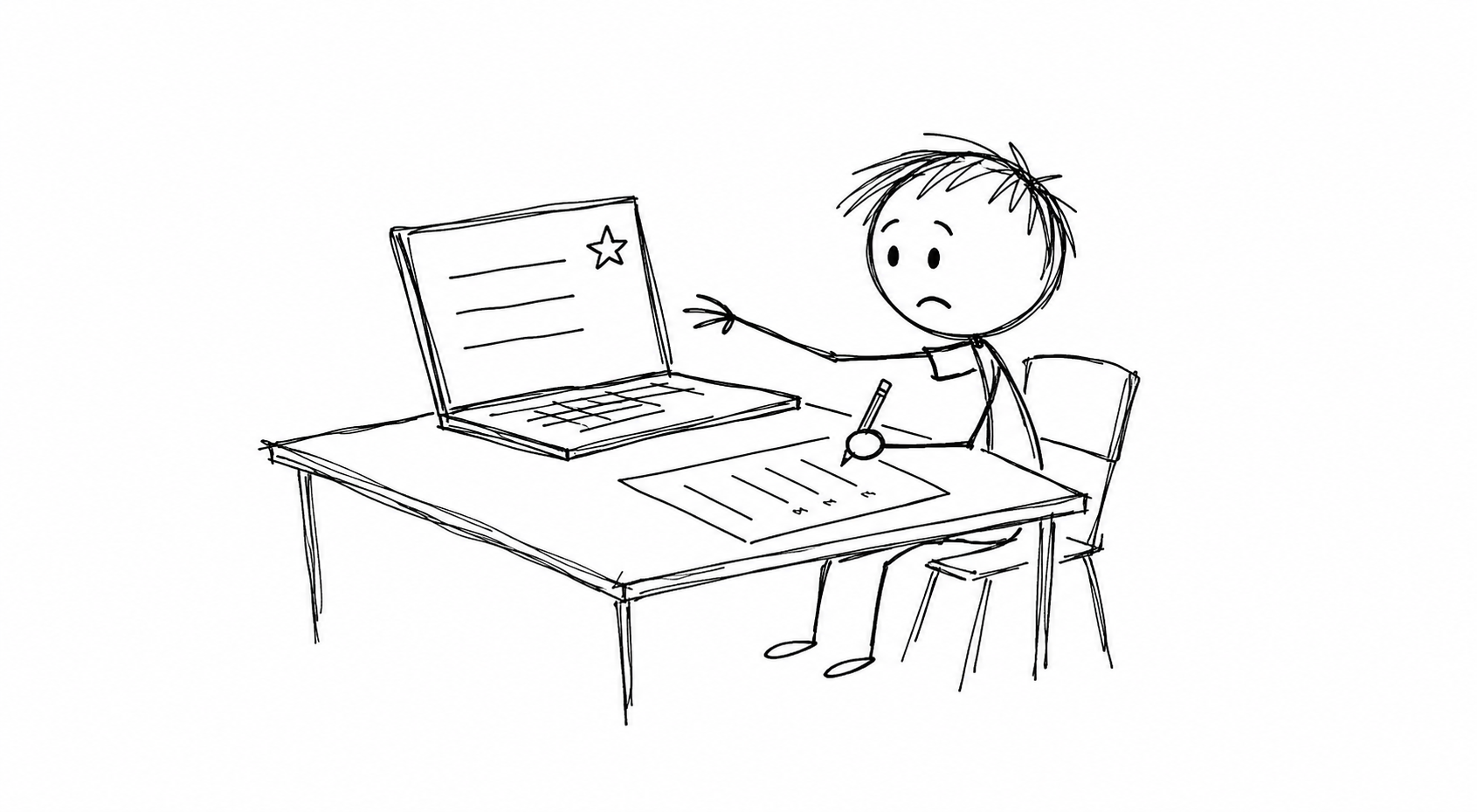 A child chooses between asking AI for the answer and working through an unfinished problem with a pencil