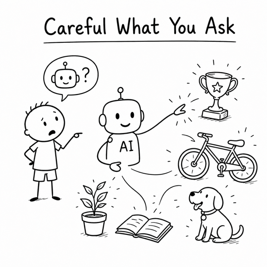 Black-and-white hand-drawn illustration of a child asking an AI for help while a literal result shows why important limits must be stated clearly.