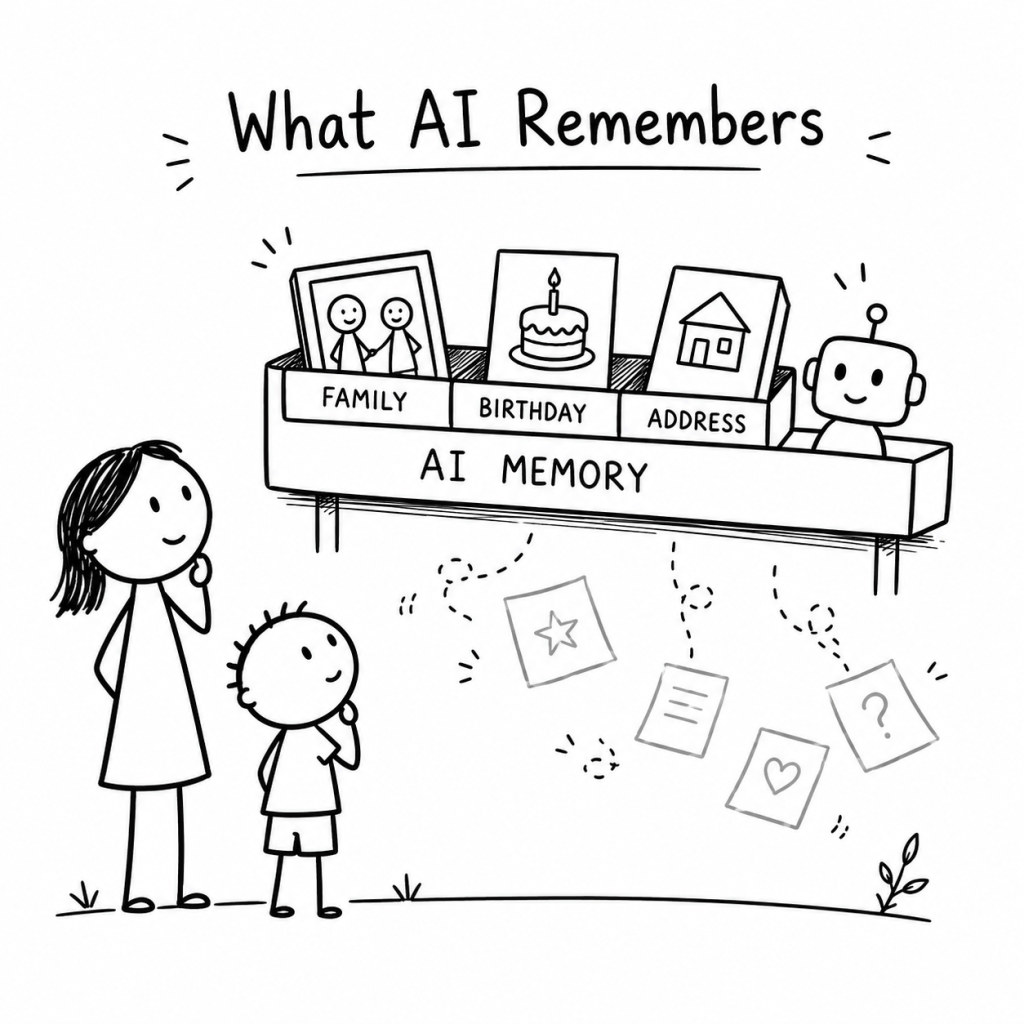 Black-and-white hand-drawn illustration of a parent and child looking at an AI memory shelf that keeps some details while others fall away.