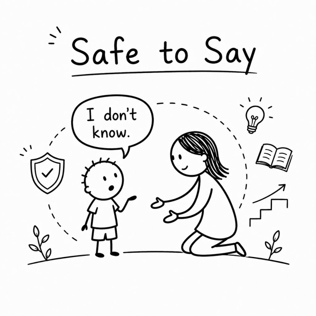 Black-and-white hand-drawn illustration of a child saying “I don’t know” in a supportive space that leads toward learning rather than shame.
