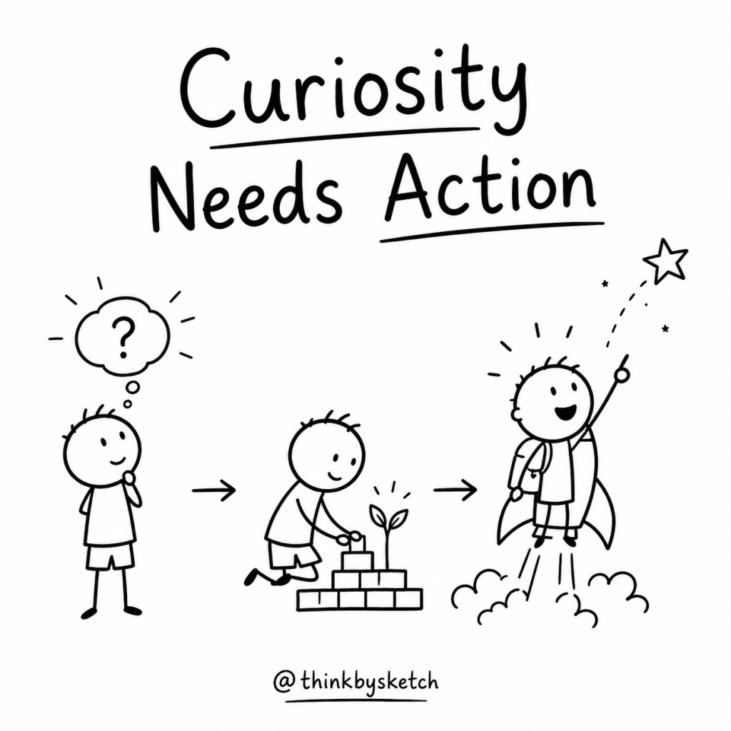Black-and-white hand-drawn sequence showing a child turning curiosity into action, a small project and meaningful progress.