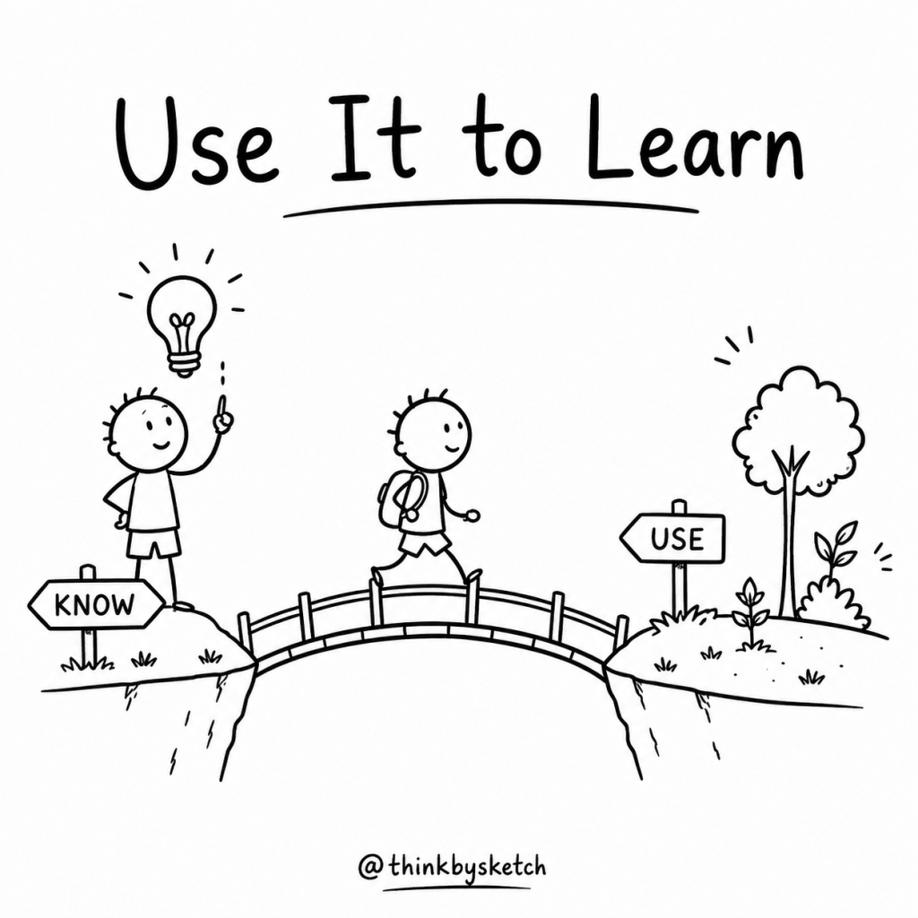 Black-and-white hand-drawn illustration of a child crossing a bridge from knowing an idea to using it in the real world.