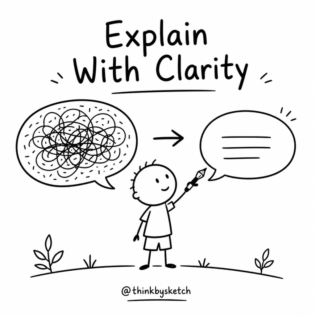 Black-and-white hand-drawn illustration of a child turning a tangled, wordy explanation into a short clear one.