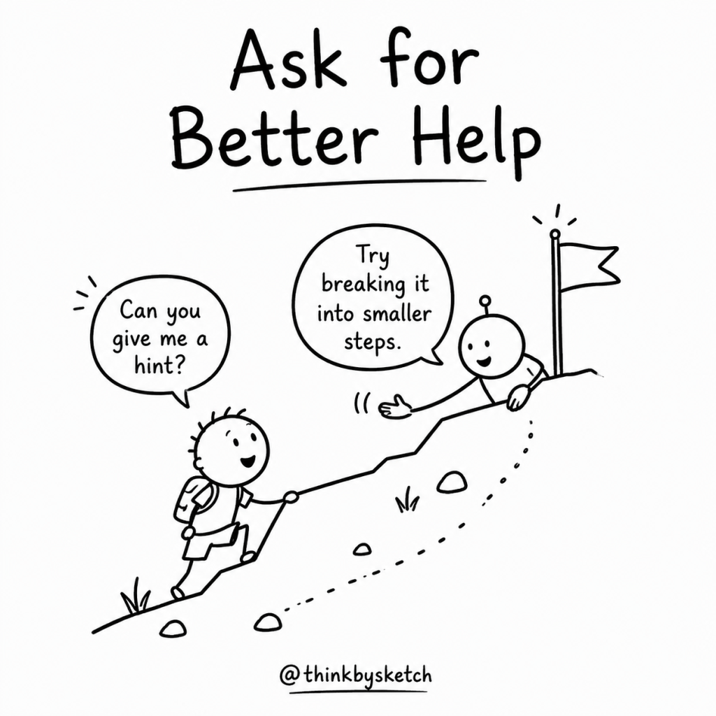 Black-and-white hand-drawn illustration of a child asking for a hint while a helper offers guidance without giving the whole answer.