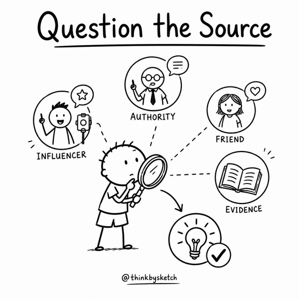 Black-and-white hand-drawn illustration of a child examining advice from an influencer, authority, friend and evidence before accepting an idea.