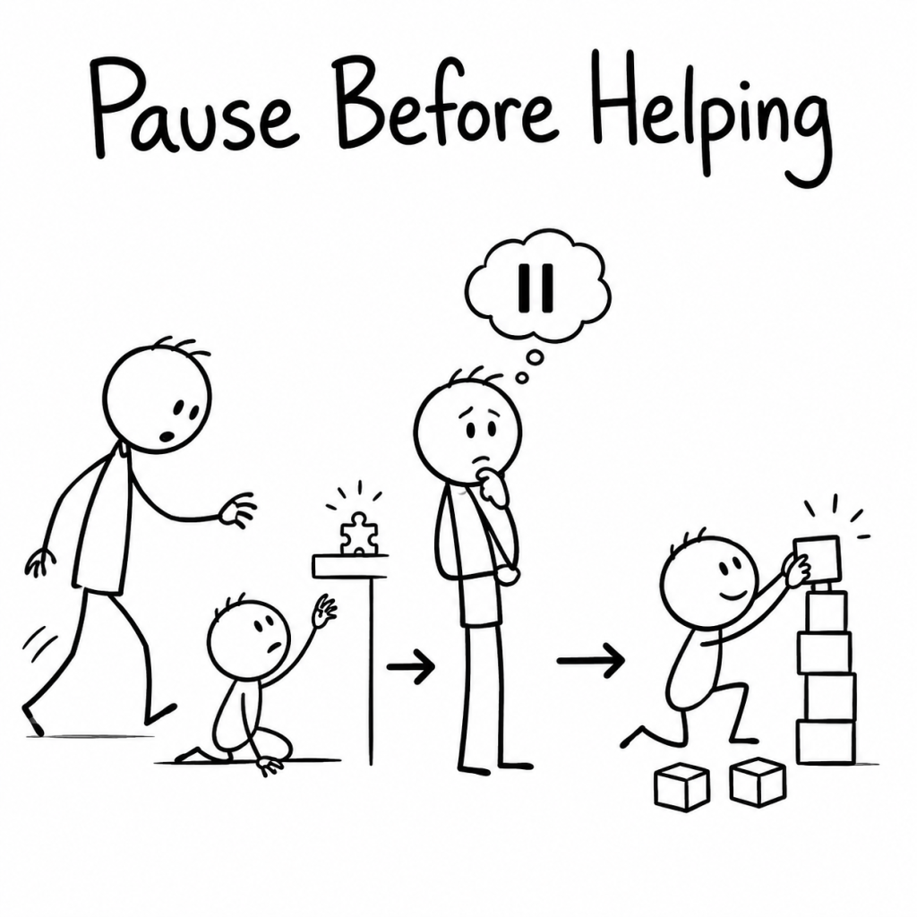 Black-and-white hand-drawn illustration showing a parent pausing before stepping in while a child tries to solve a small challenge independently.