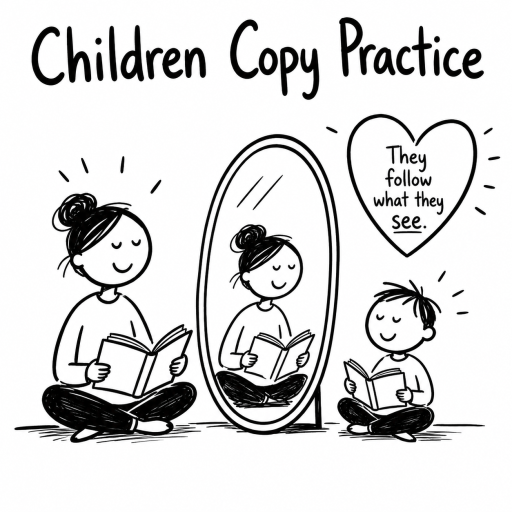 Black-and-white hand-drawn illustration showing a child copying the calm reading behaviour they see an adult practise.