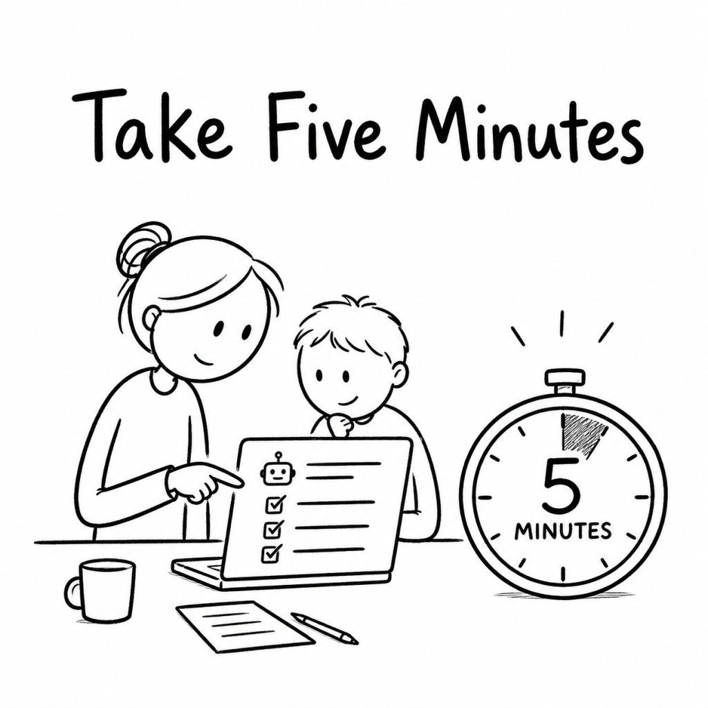 Black-and-white hand-drawn illustration of a parent and child checking an AI answer beside a five-minute timer.