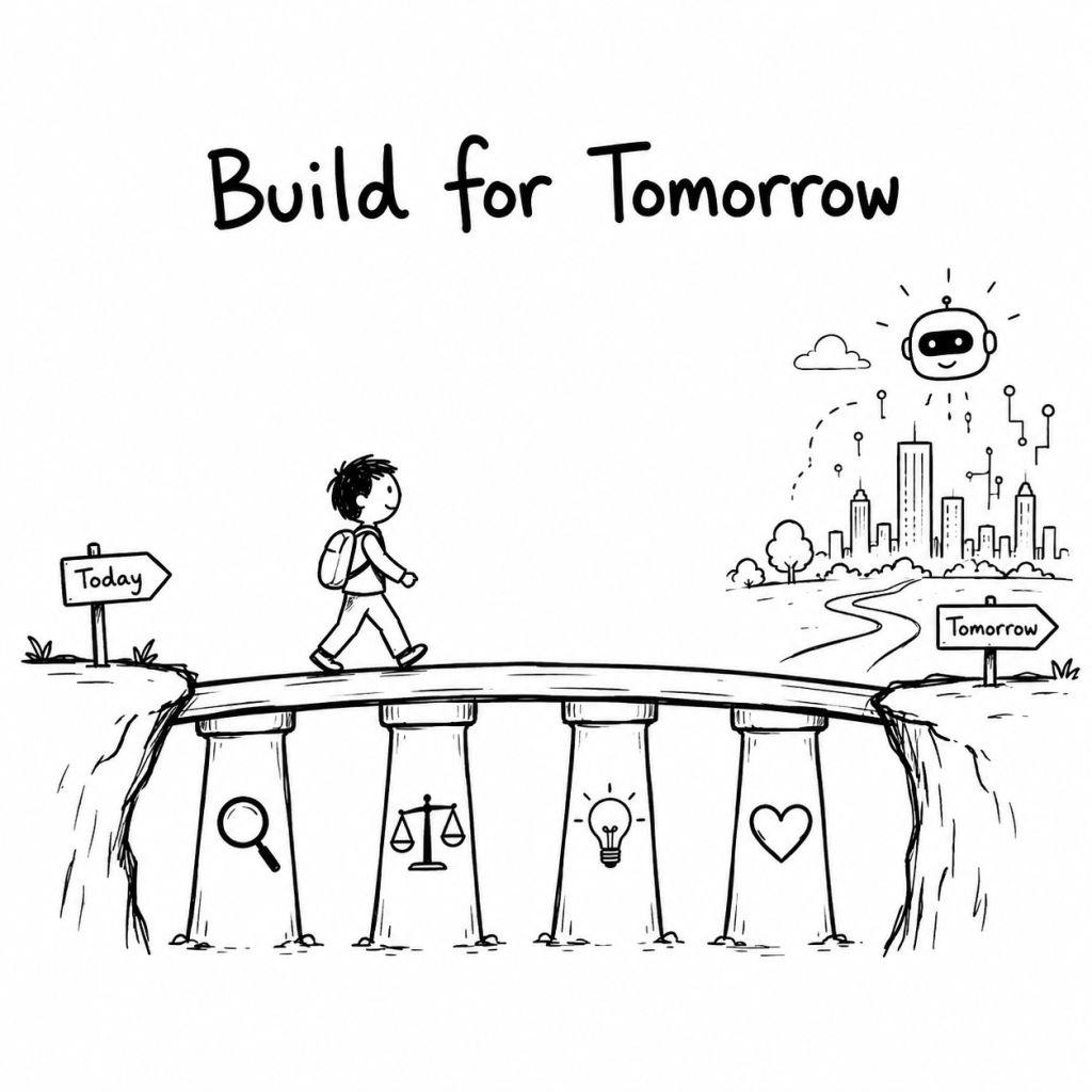 Black-and-white hand-drawn illustration of a child crossing a bridge supported by curiosity, judgment, creativity and empathy toward an AI-shaped future.