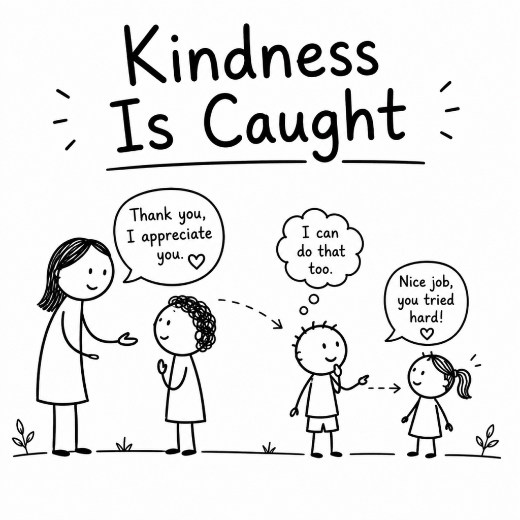 Black-and-white hand-drawn illustration showing a child observing kind speech and then repeating that kindness to another child.