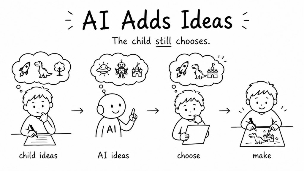 A child creates ideas first, compares them with AI suggestions and chooses the final direction.