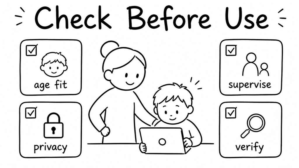 A parent and child review age, privacy, supervision, accuracy and emotional boundaries before using AI.