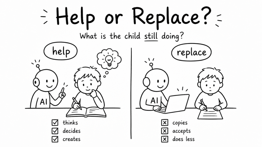 A child uses AI while a parent considers whether the tool is supporting or replacing the child’s thinking.