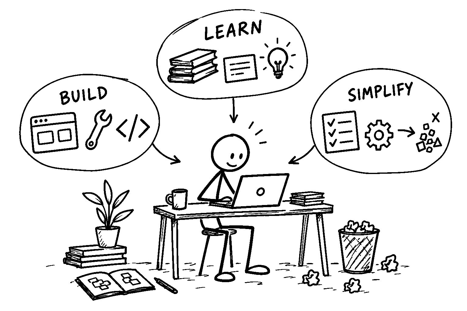 Black-and-white sketch of an adult at a desk surrounded by simple Build, Learn and Simplify illustrations.