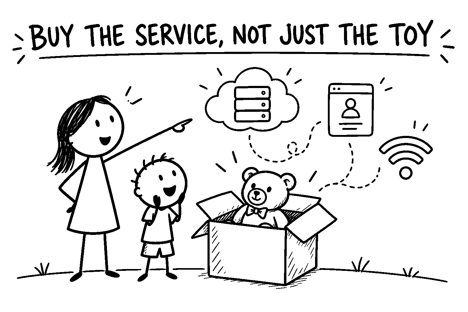 Black-and-white DadIdeaLab sketch showing a parent evaluating the connected service behind an AI teddy bear rather than only the physical toy.