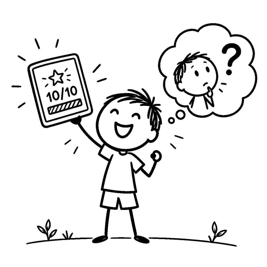 Black-and-white doodle of a smiling child holding up a tablet marked 10/10 while a thought bubble shows a puzzled expression and a question mark.
