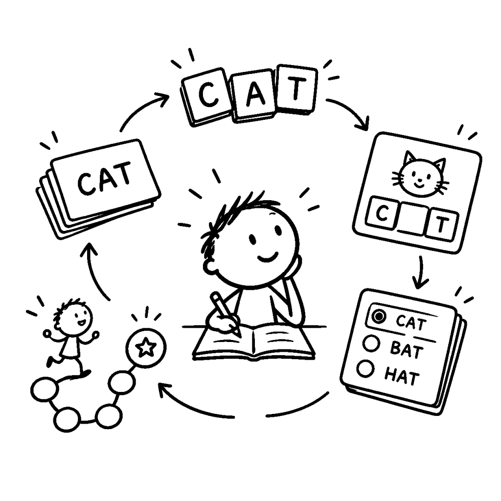 Black-and-white doodle of a child practising CAT through letter tiles, missing-letter puzzles, flashcards, a quiz and a looping game path.