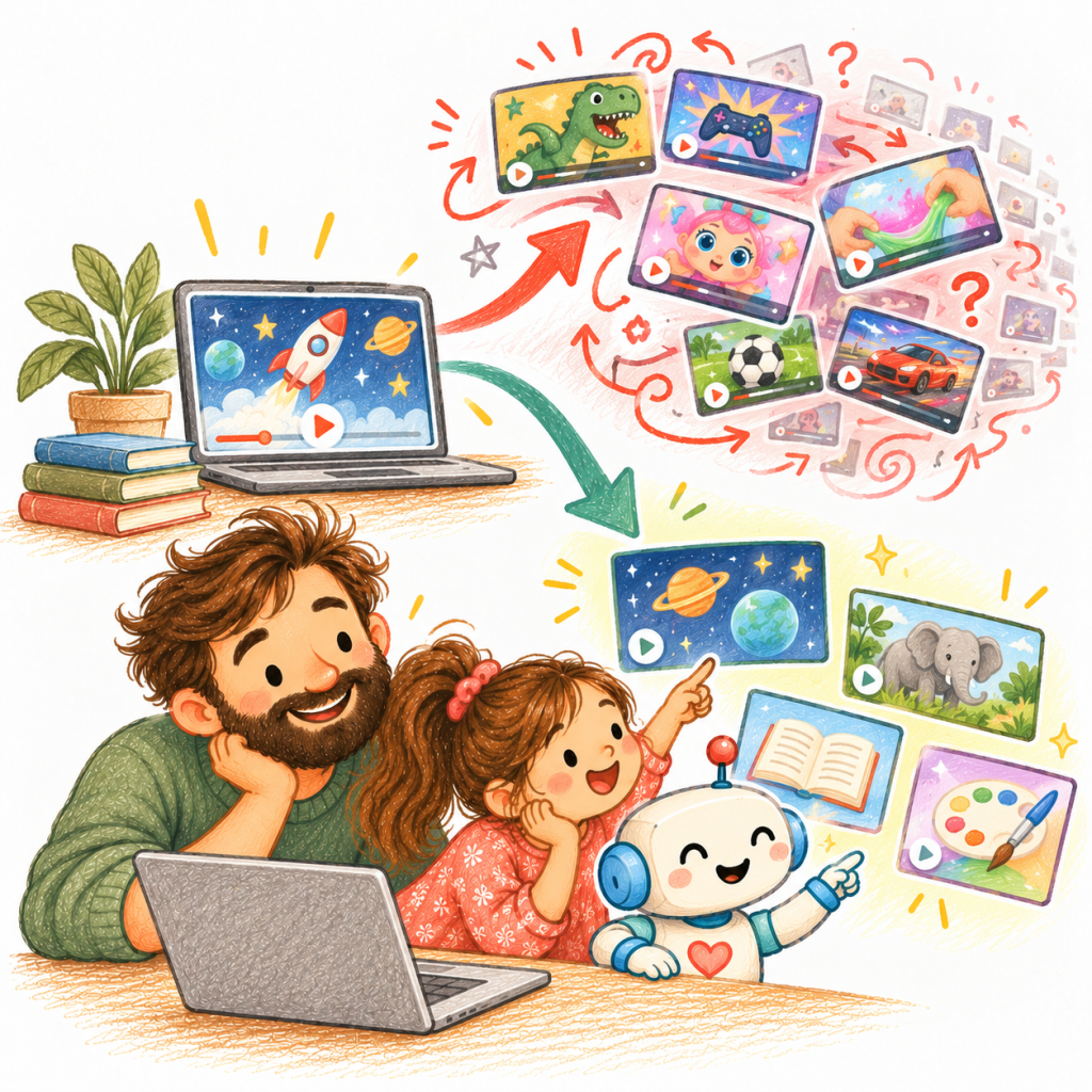 Coloured-pencil illustration of a space video branching into a confusing stream of recommendations or a small parent-guided learning library.