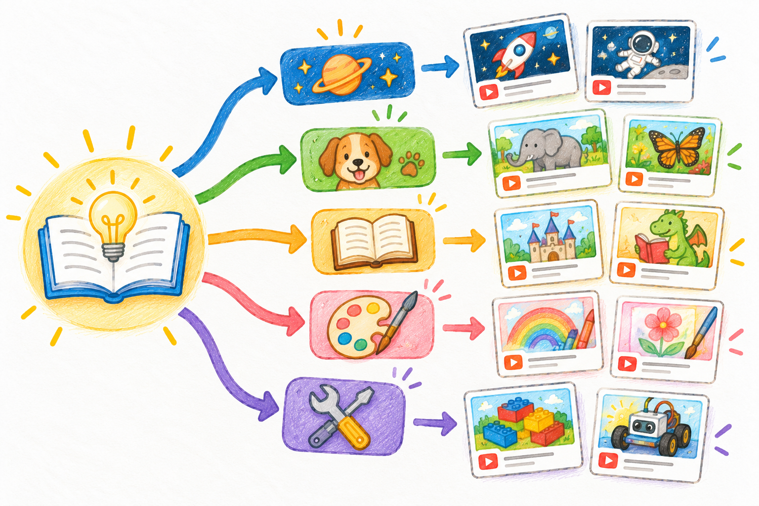 Coloured-pencil diagram of a learning hub branching into space, animals, books, art and building, each connected to related video choices.