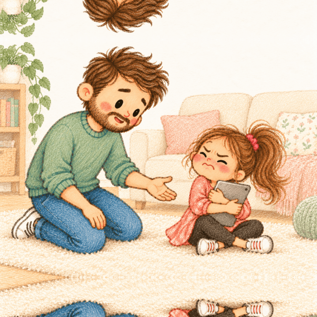 Hand-drawn pastel illustration of a patient bearded father kneeling beside his upset daughter, who clutches her tablet during a screen-time disagreement.