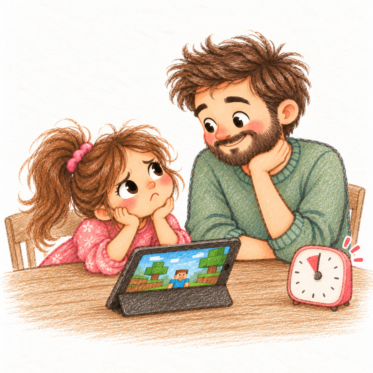 Colored-pencil illustration contrasting a nearly finished game on a tablet with a household timer as a father and daughter discuss stopping.