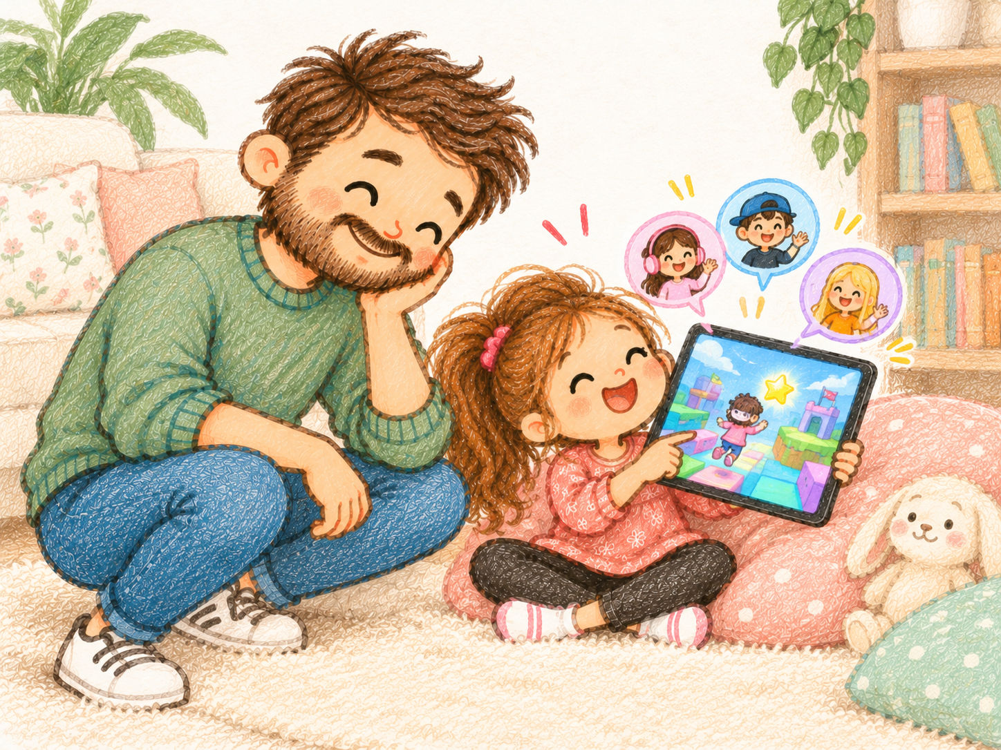 A daughter shows her father a tablet game with friendly player characters, illustrating how stopping online play can mean leaving friends.