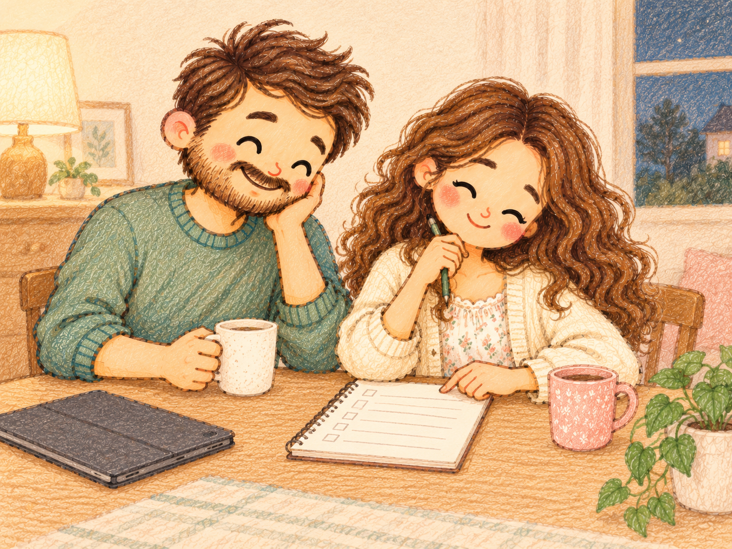 A tired but thoughtful mother and father sit together with a notebook and tablet, discussing the family's screen-time routine.