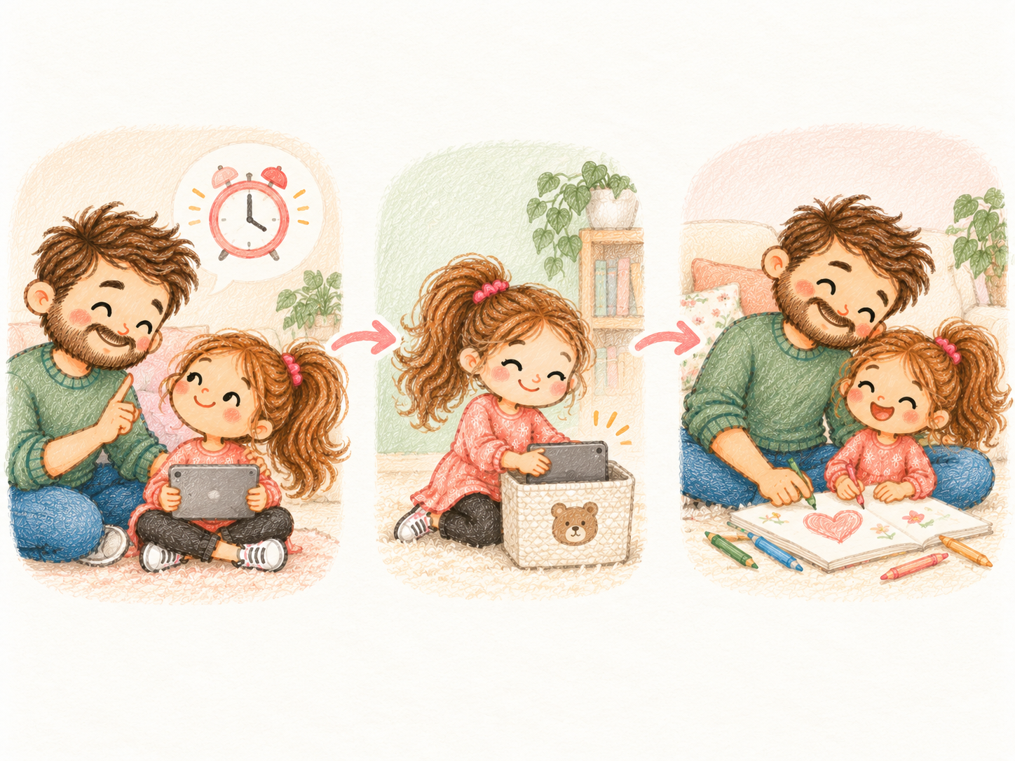 Three connected colored-pencil scenes show a screen-time warning, putting away the tablet, and moving to an offline activity.