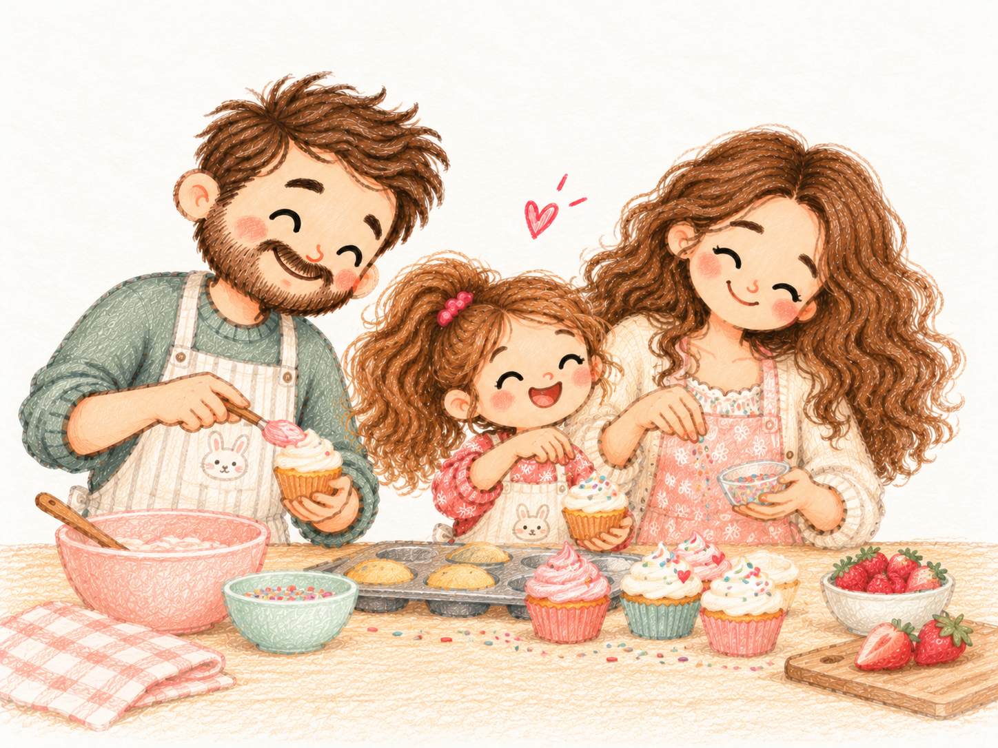 Mother, father and daughter enjoy a relaxed activity together after screen time, in a warm pastel colored-pencil illustration.