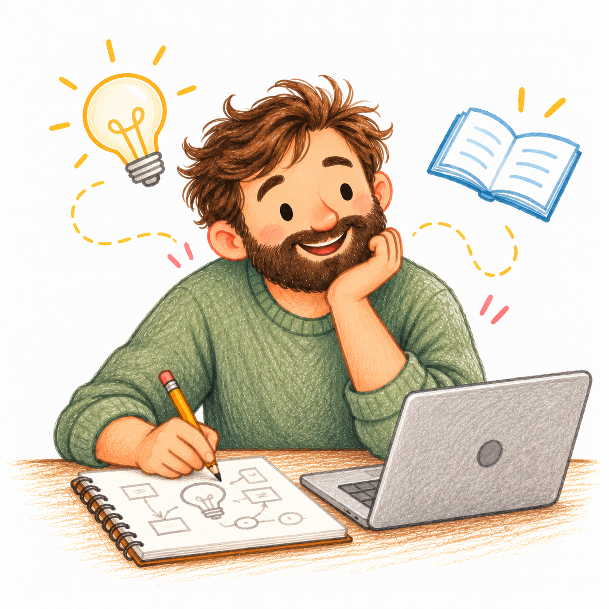 A smiling bearded dad in a sage sweater sketches ideas beside his laptop and an open notebook.