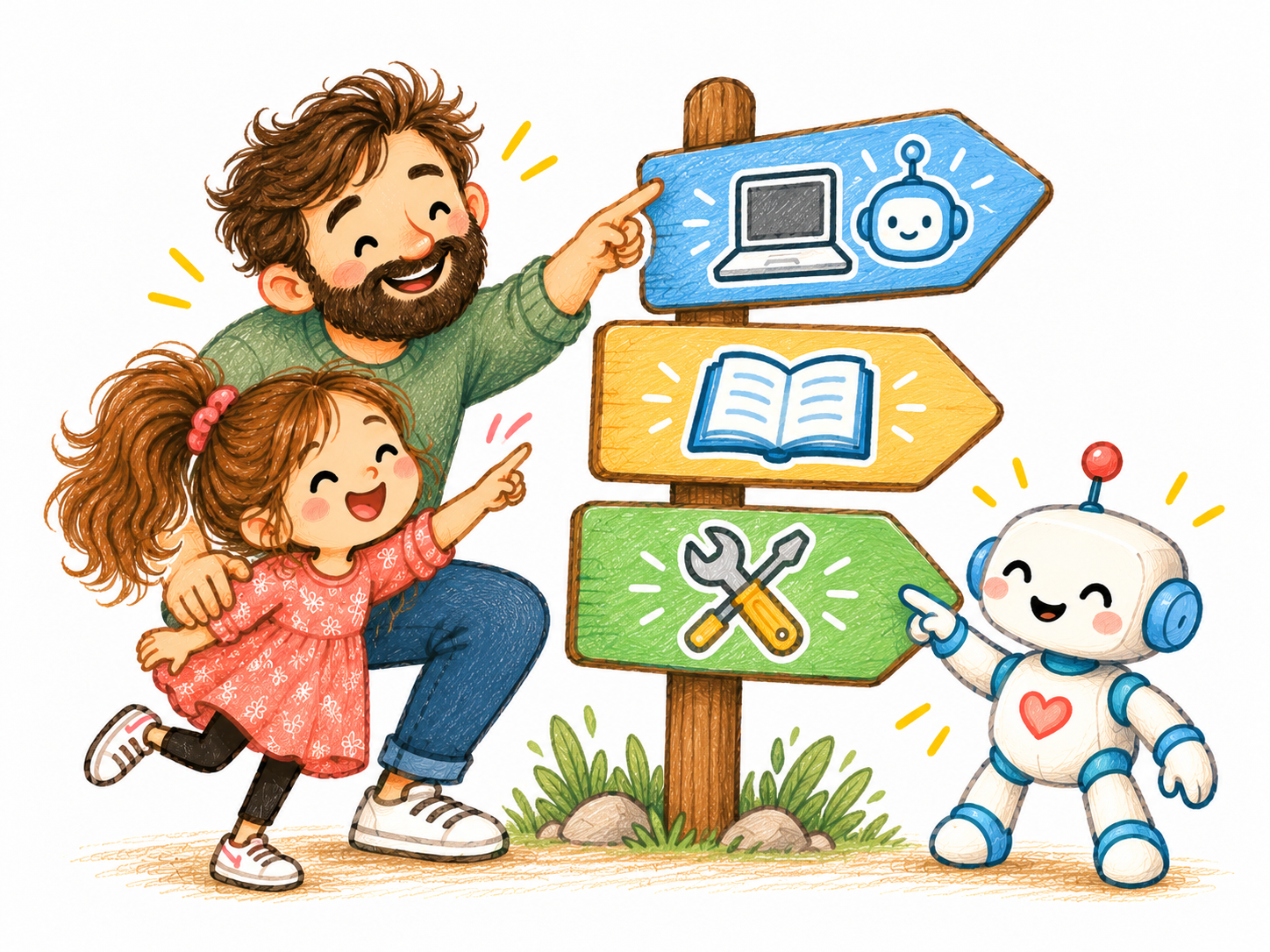 A father, daughter and AI robot point to illustrated signs for technology, reading and building things.