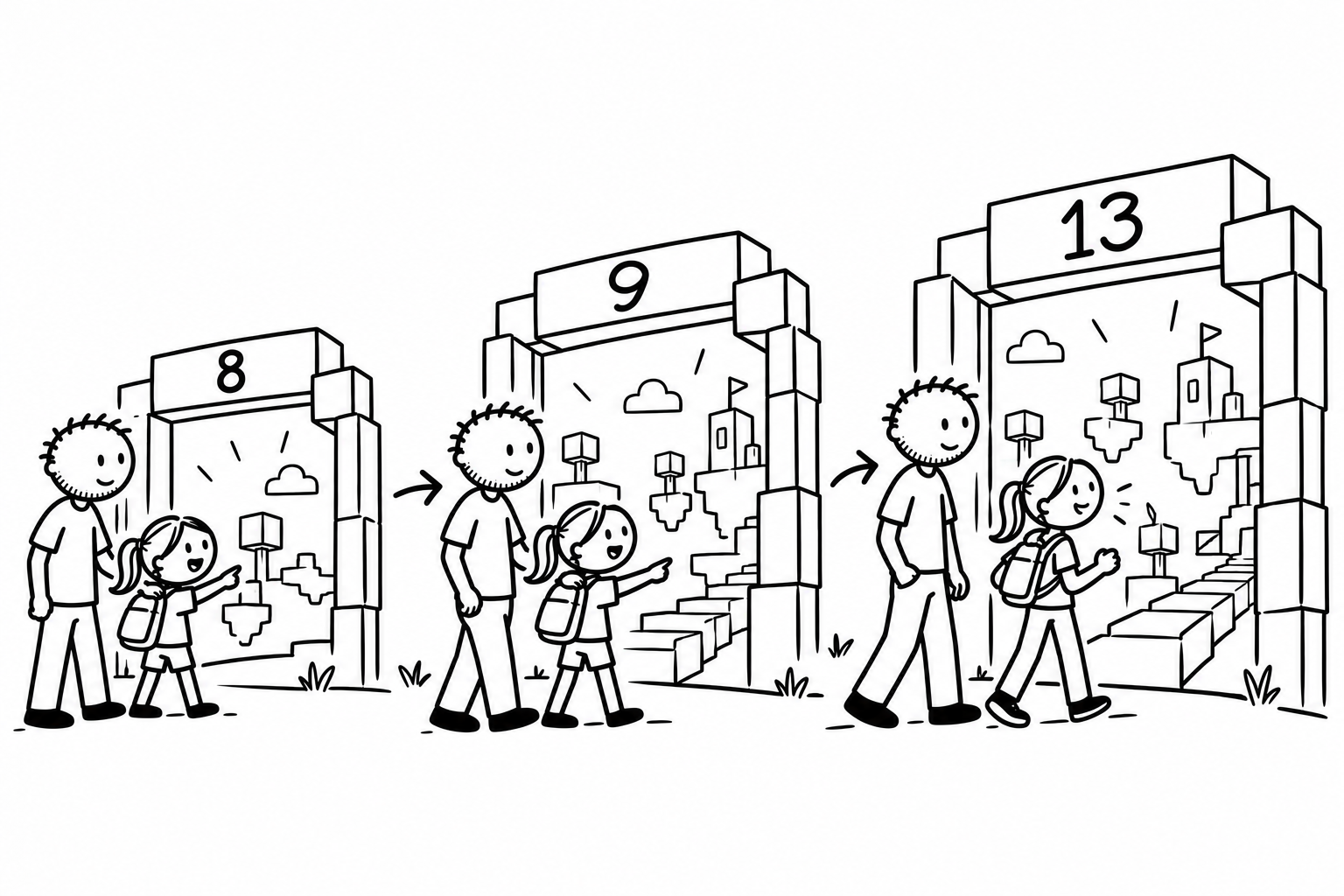 DadIdeaLab black-and-white drawing of a father with short spiky hair and stubble walking beside his ponytailed daughter through age gateways eight, nine, and thirteen, with growing independence.