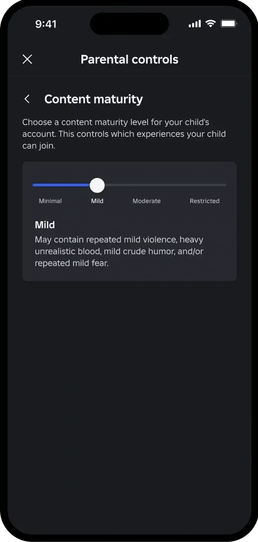 Official Roblox Content maturity slider with Minimal, Mild, Moderate and Restricted options.