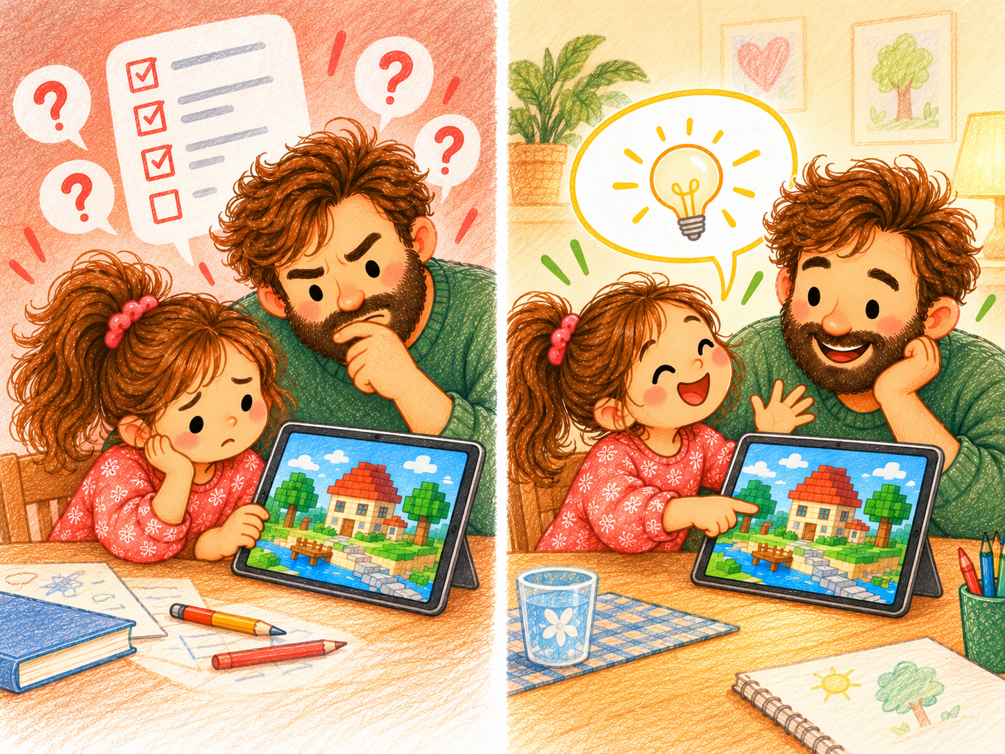 A colored-pencil comparison shows a child feeling discouraged when quizzed about her block-building game, then smiling as her father listens with curiosity.
