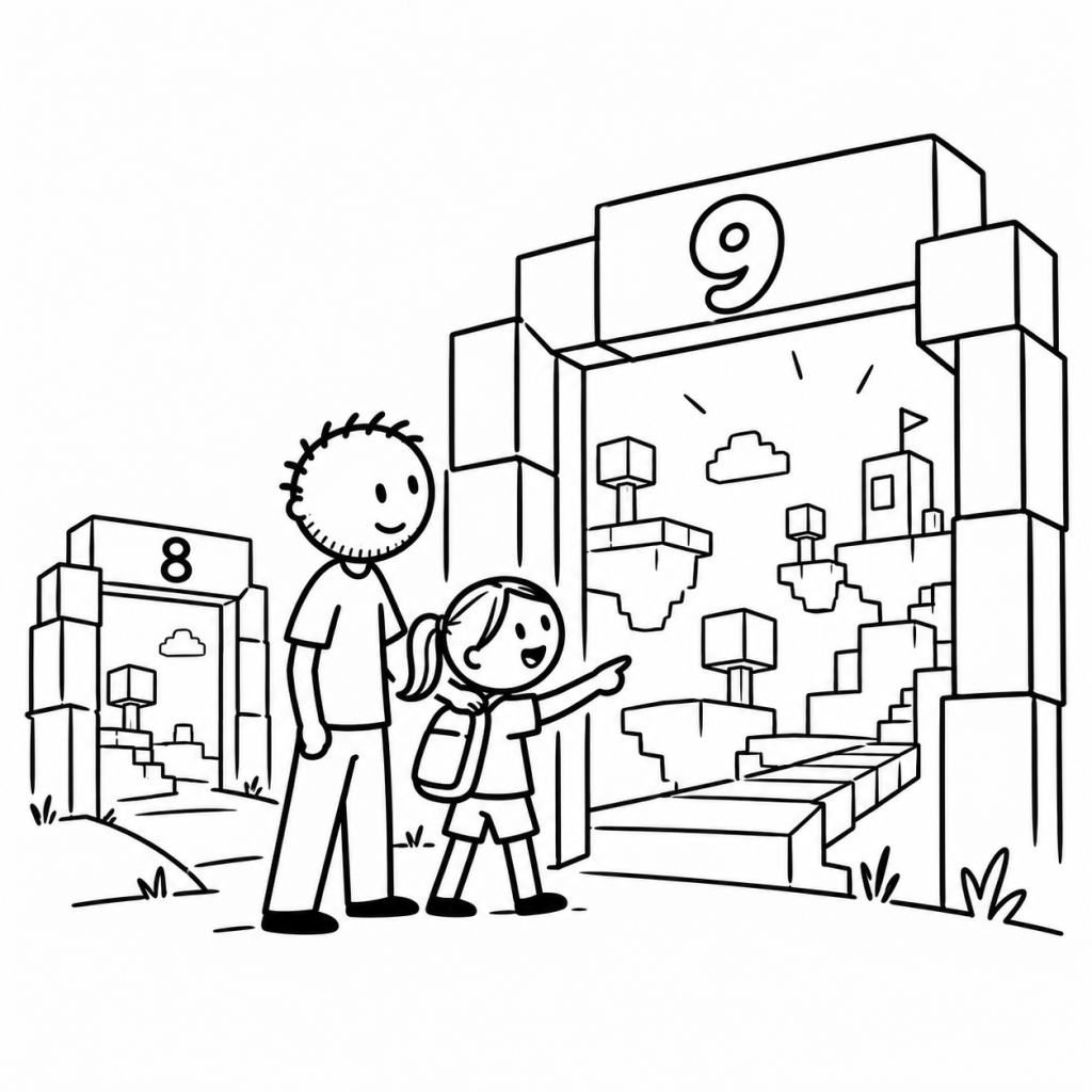 Black-and-white DadIdeaLab doodle of a father with short spiky hair and stubble beside his ponytailed daughter, who points toward a blocky game gateway marked 9; a smaller gateway marked 8 is behind them.