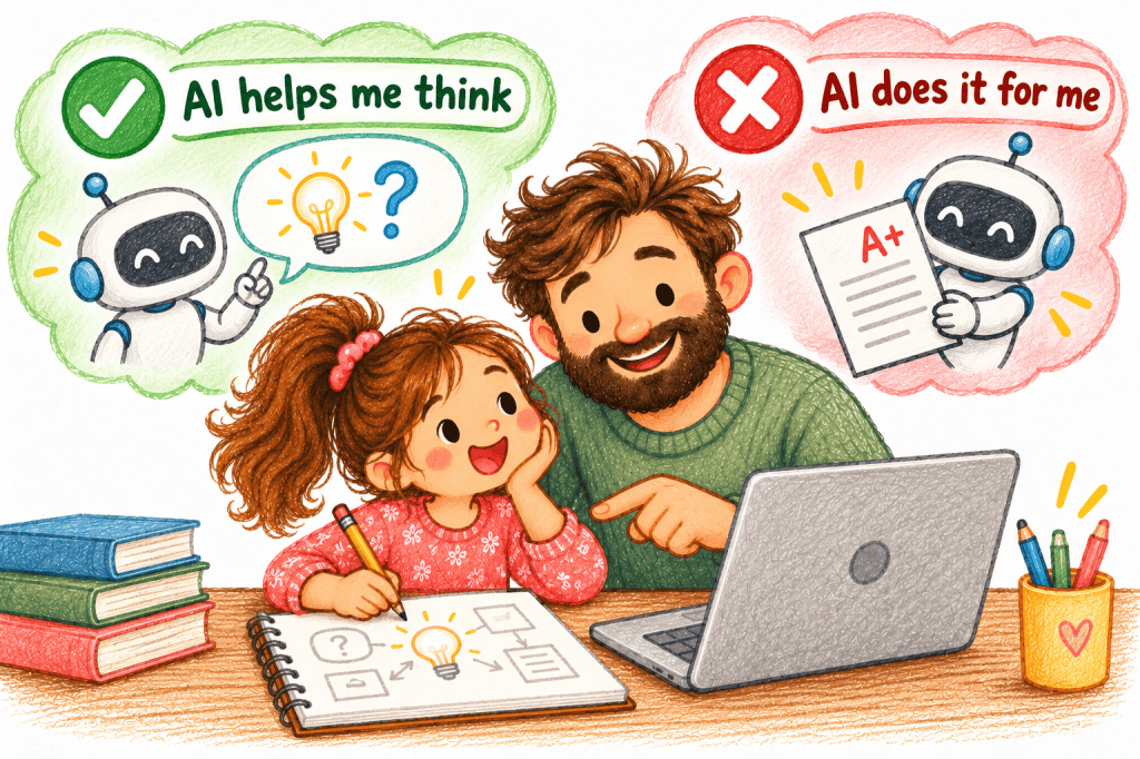 Father and daughter consider two uses of AI: hints that support the child's thinking versus an AI-produced finished worksheet.