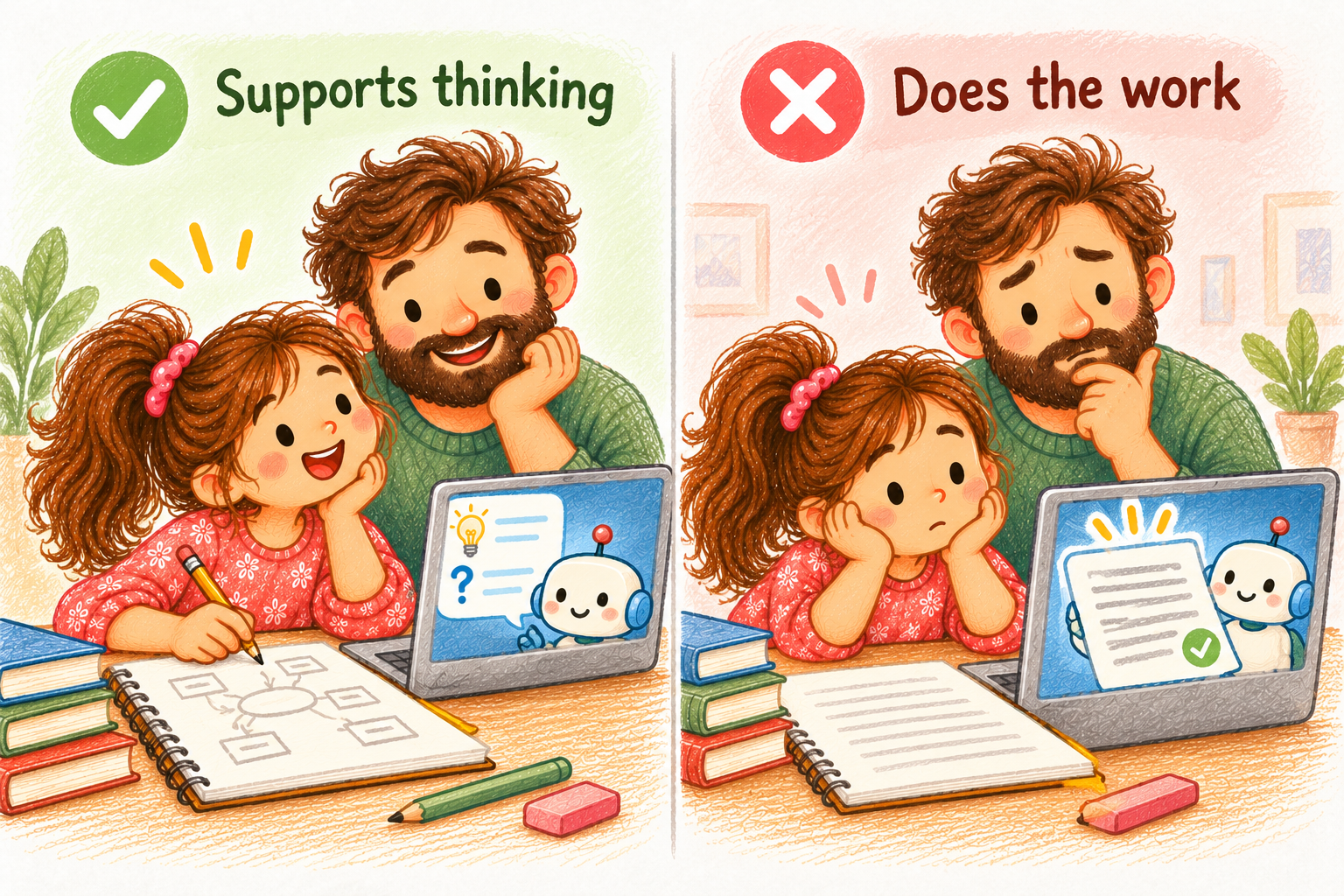 Side-by-side illustration: a father guides his daughter while she writes with an AI hint, versus the child watching AI complete her worksheet.
