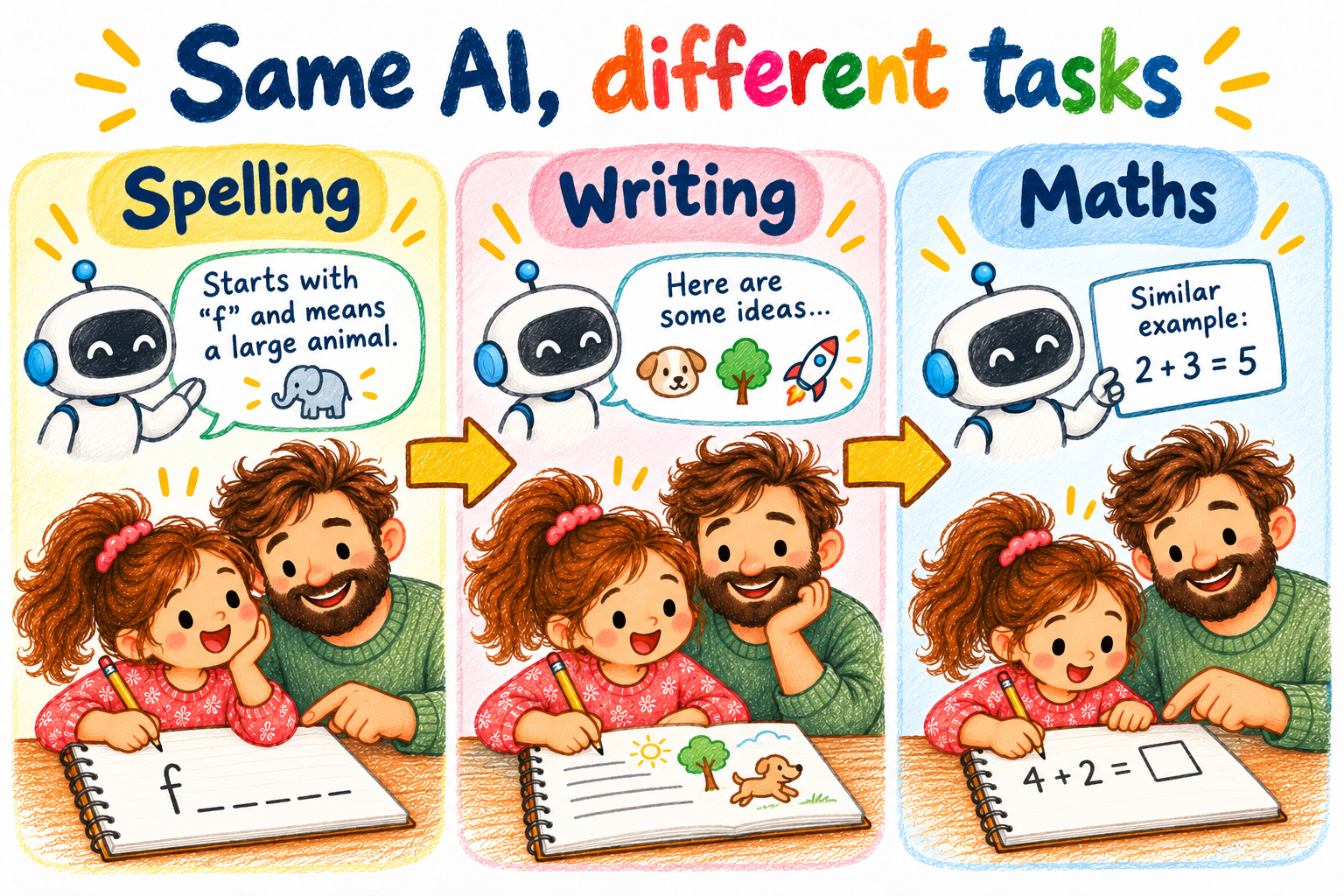 Three illustrated examples show a father guiding his daughter in spelling, story writing and maths while AI provides clues, ideas or a similar example.