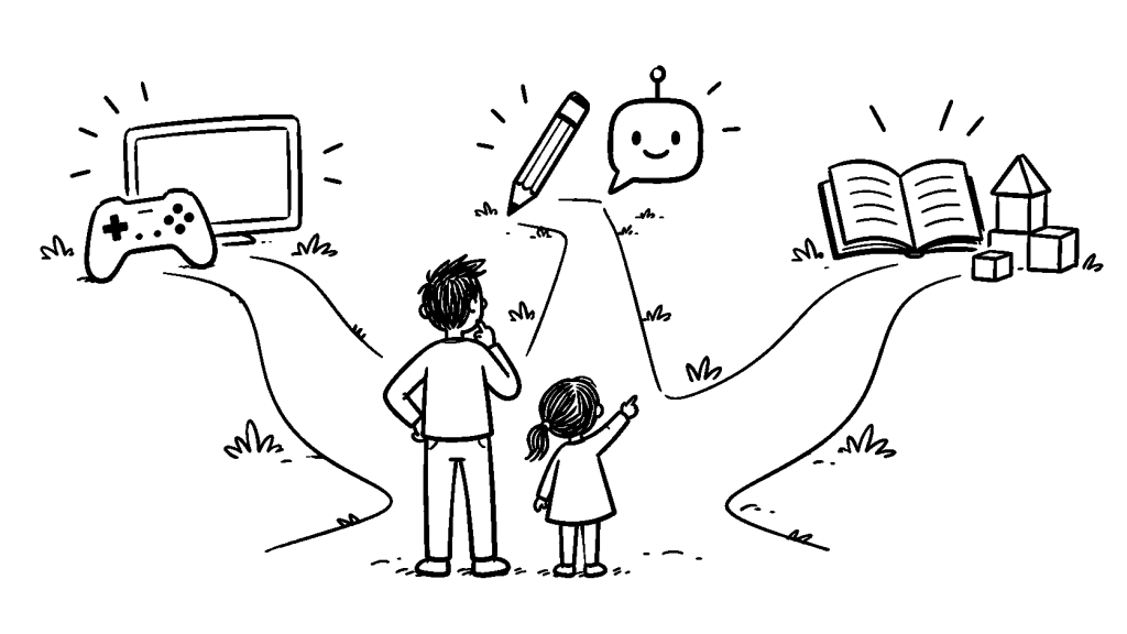 Black-and-white doodle of a parent and child at three paths leading toward digital games, AI-assisted learning, and books and play.