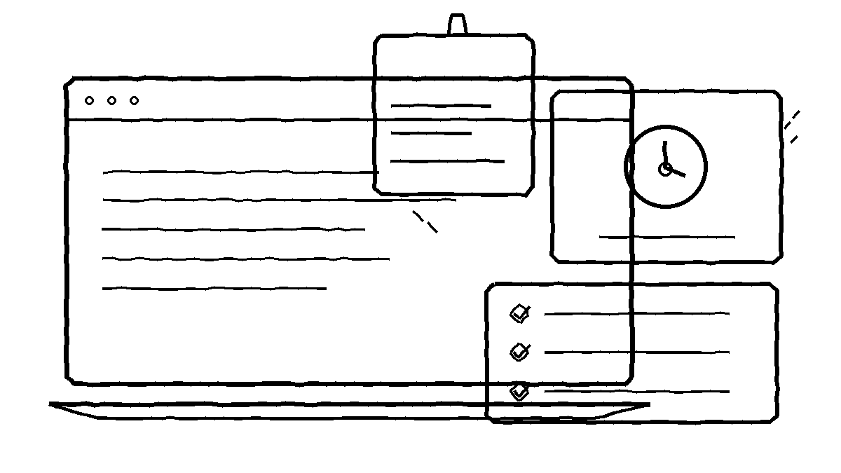 Black-and-white hand-drawn concept diagram of a laptop window with a note, clock and checklist floating over it.